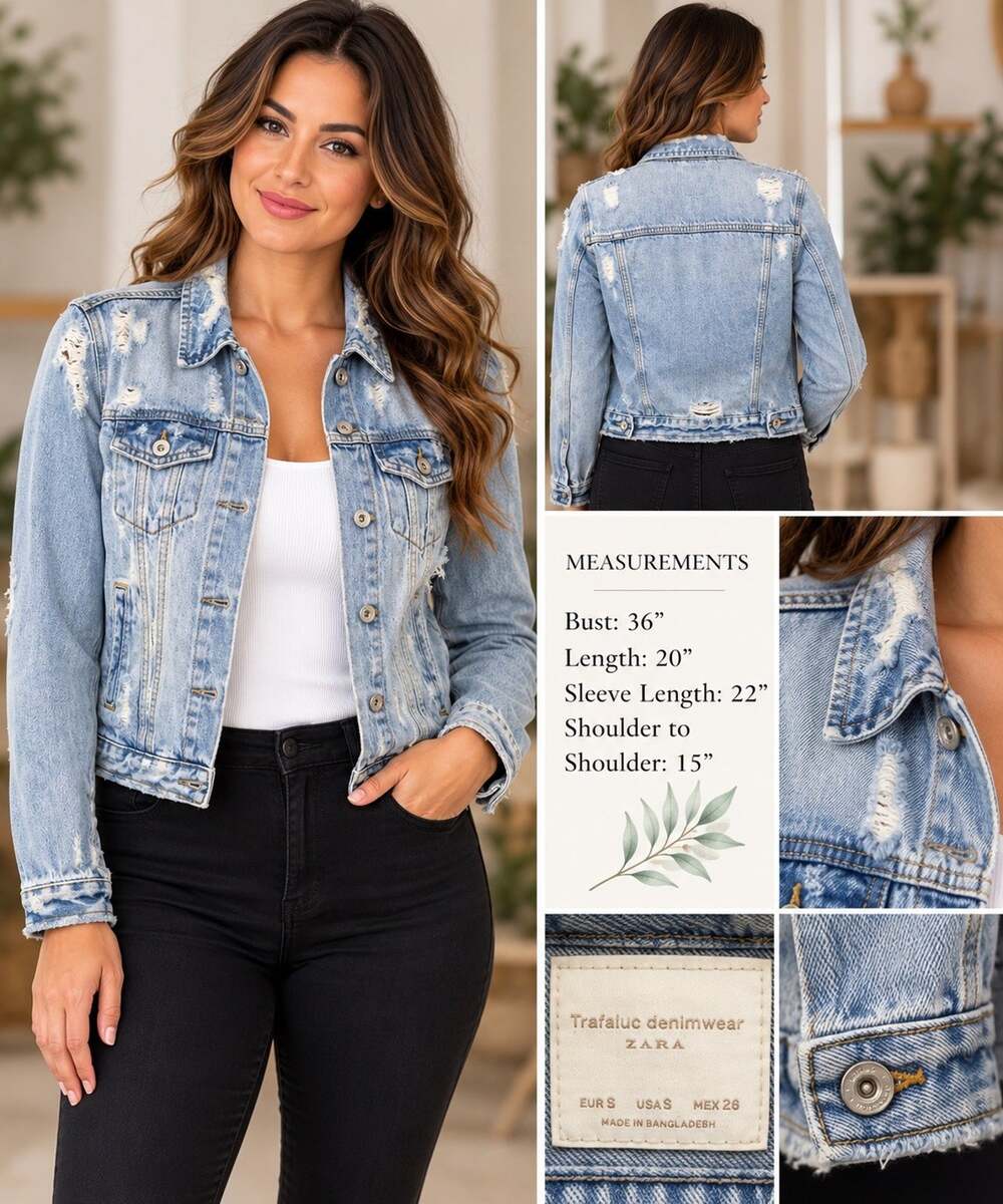 ZARA Trafaluc Denimwear Women’s Blue Distressed Denim Jacket Collared SZ S